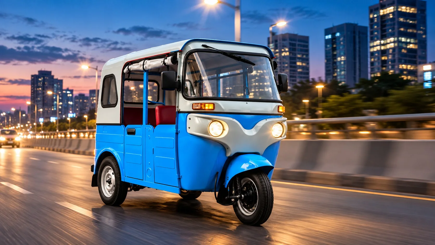 Torrit EV driving through the city at dusk